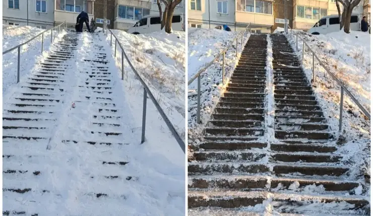 В Красноярске мобильные бригады продолжают очищать городские лестницы от наледи