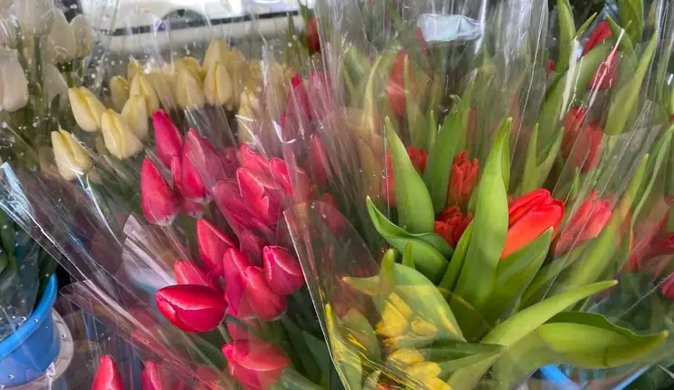 На улицах Красноярска продают цветы к 8 Марта