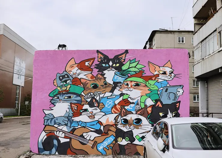 В Красноярске на бетонной стене появились 9 кошек