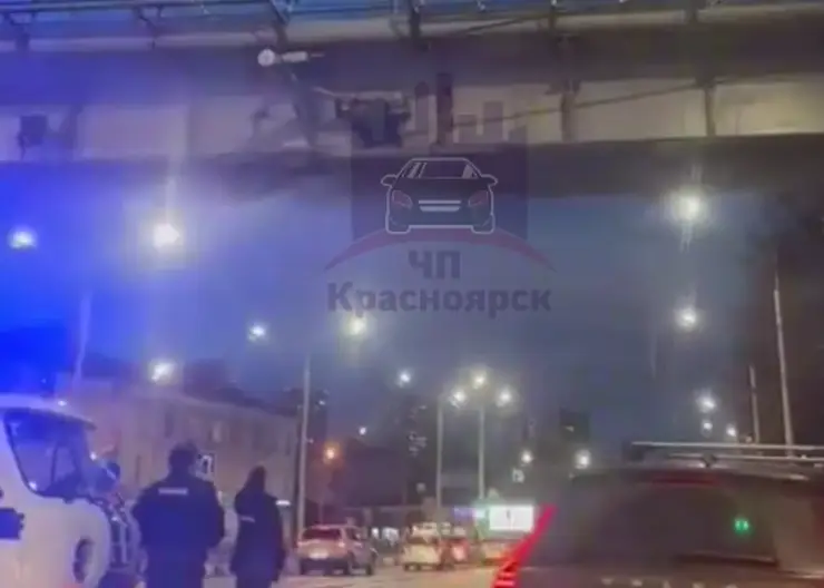 В Красноярске на улице Партизана Железняка мужчина взобрался на виадук и погрыз троллейбусные провода