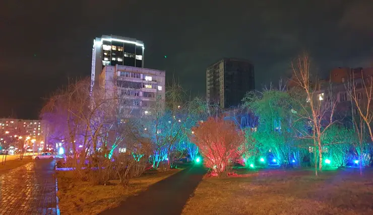 В Красноярске в сквере на Ладо Кецховели подсветили деревья
