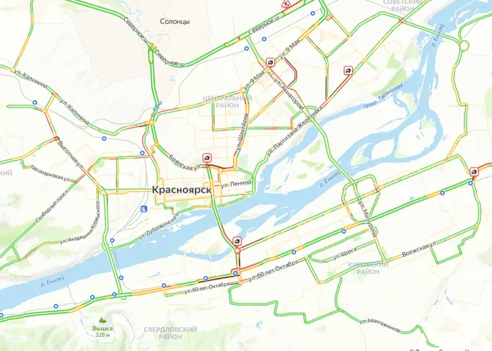 В Красноярске утром 16 января автомобилисты встали в 7-балльные пробки