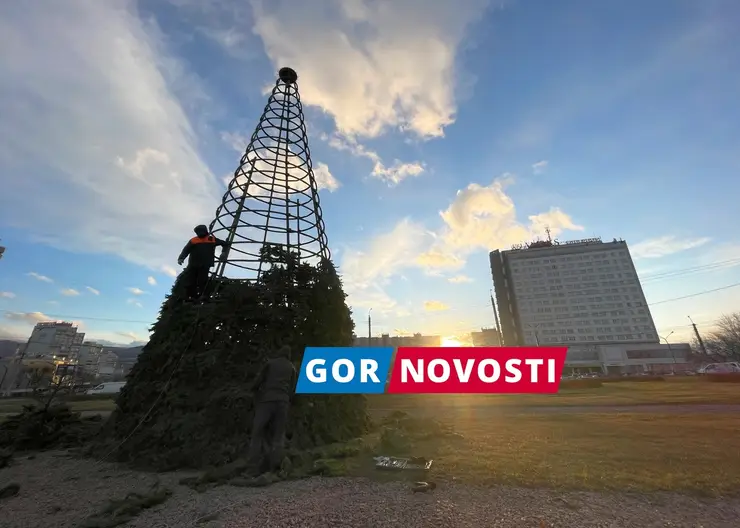 На Предмостной площади в Красноярске устанавливают новогоднюю елку