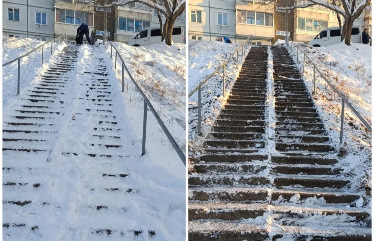 В Красноярске мобильные бригады продолжают очищать городские лестницы от наледи