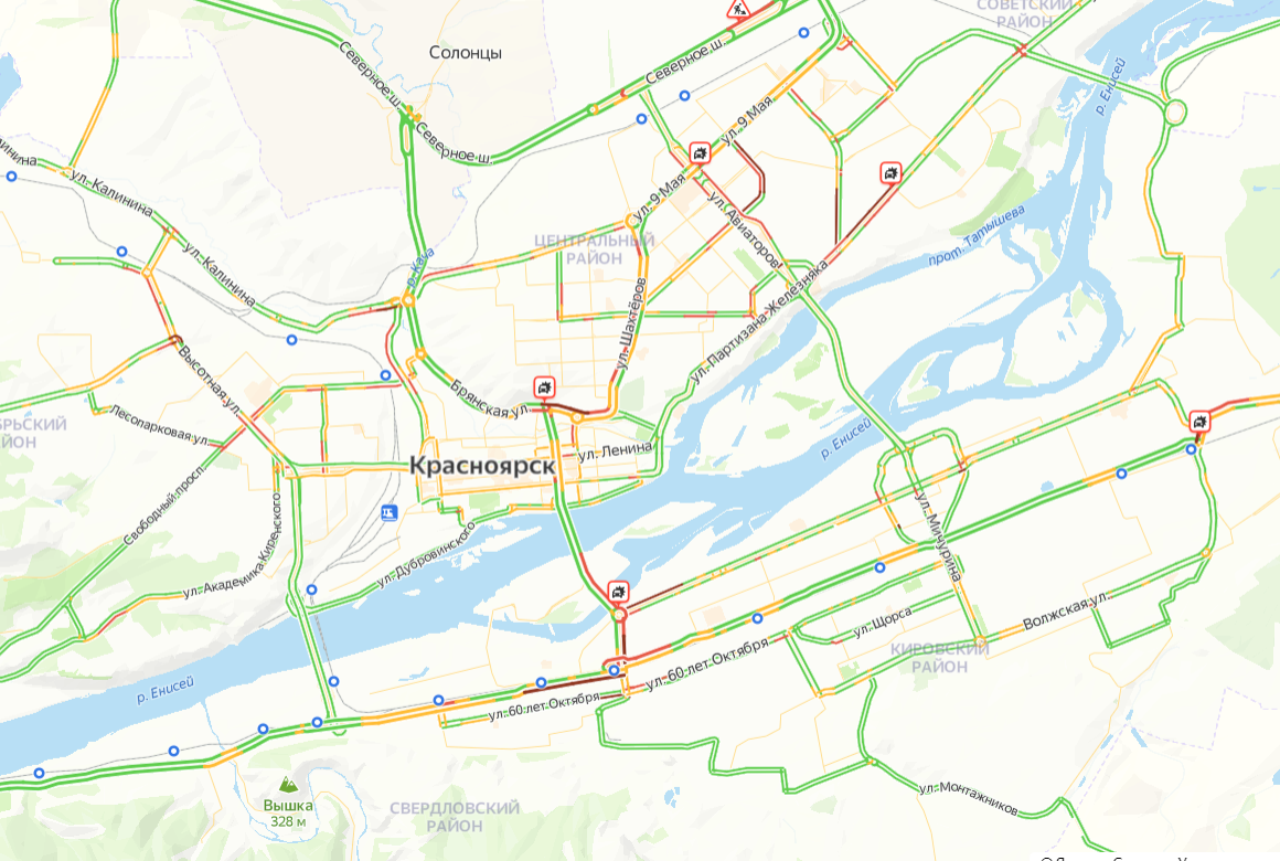 В Красноярске утром 16 января автомобилисты встали в 7-балльные пробки
